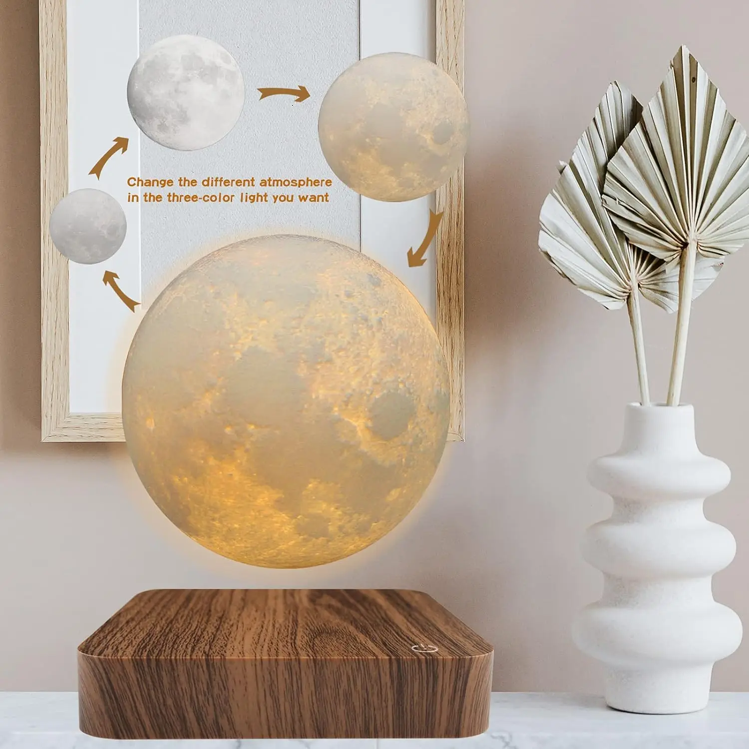 Levitating Moon Magnetic Floating Night Light, Creative Table 3D Printed LED Lamp with Wooden Base for Gift Office Bedroom Home 3