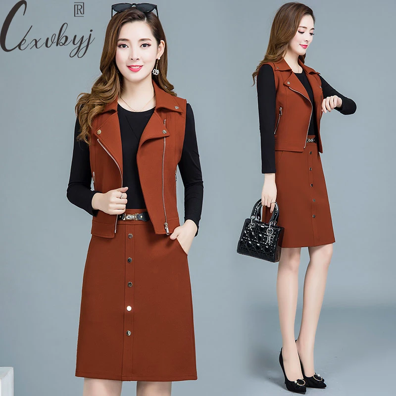 Casual Dress Two Peice Suit Women Solid Colors Zipper Short Vest +Midi A-Line Dress Elegant Outfits Office Lady Korean Tracksuit