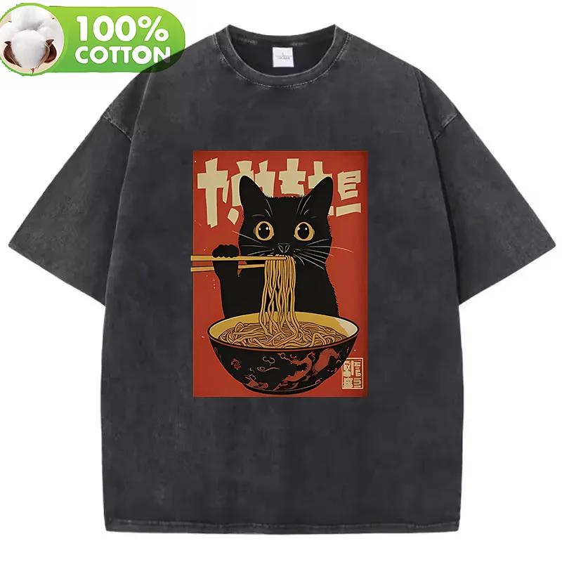 T-Shirt Vintage Washed 100 % Baumwolle T-Shirt Schwarz Retro Cat Eating Ramen Grafik T-Shirt Lässige Streetwear für Frühling Sommer Herbst