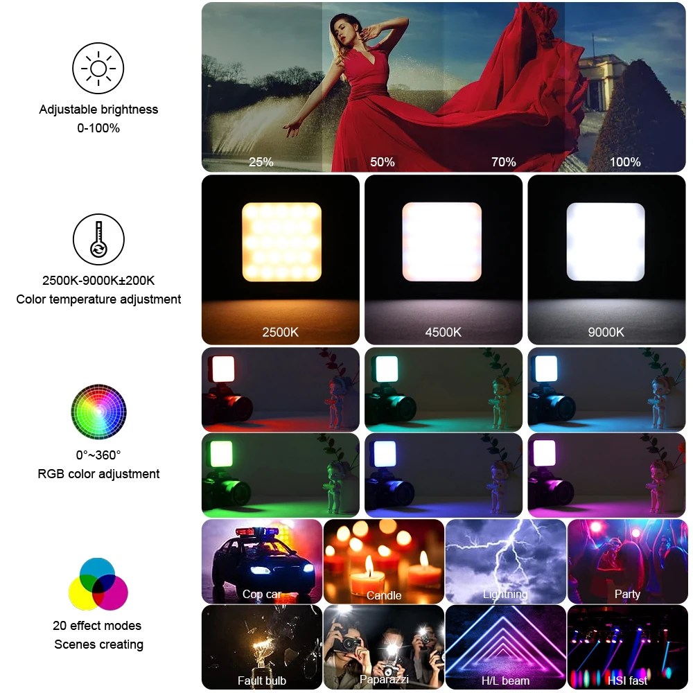 풀 컬러 RGB LED 비디오 사진 조명, 2500K-9000K 미니 필 3 콜드 C 타입 포켓 카메라, 핫 슈 라이트, 휴대폰 셀카 라이브