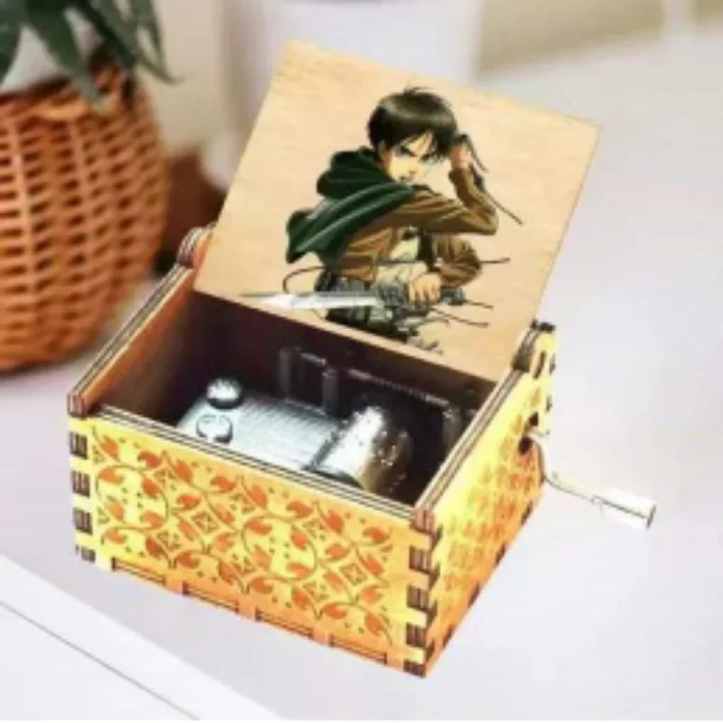 Hand-cranked music box, retro engraving, exquisite painting, attacking giants, the same creative ornament, wooden music box 3
