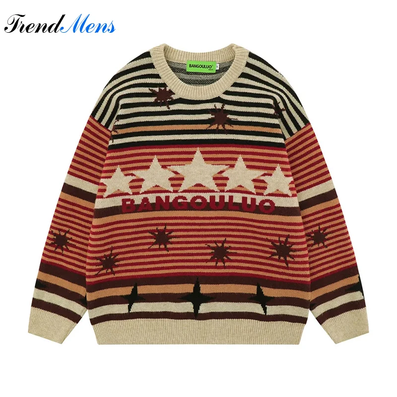 

Men Contrast Stripe Sweater Star Jacquard Loose Pullover Comfortable Casual Hip Hop Street Couple Knit Sueter Masculino Listrado