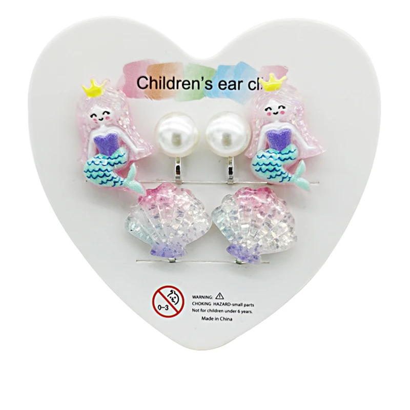 

3PRS Cute Mermaid Clip on Earrings for Children Girls No Pierced Earring Jewelry Christmas Birthday Lovely Gift