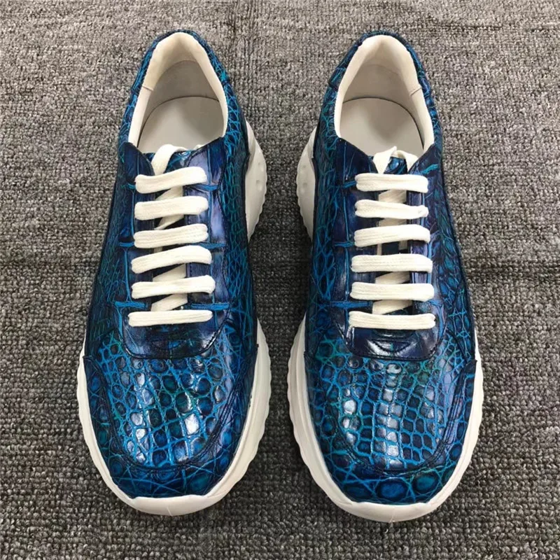 

Authentic Real Crocodile Skin Hand Painted Gradient Blue Color Men Sneakers Genuine Exotic Alligator Leather Male Lace-up Flats