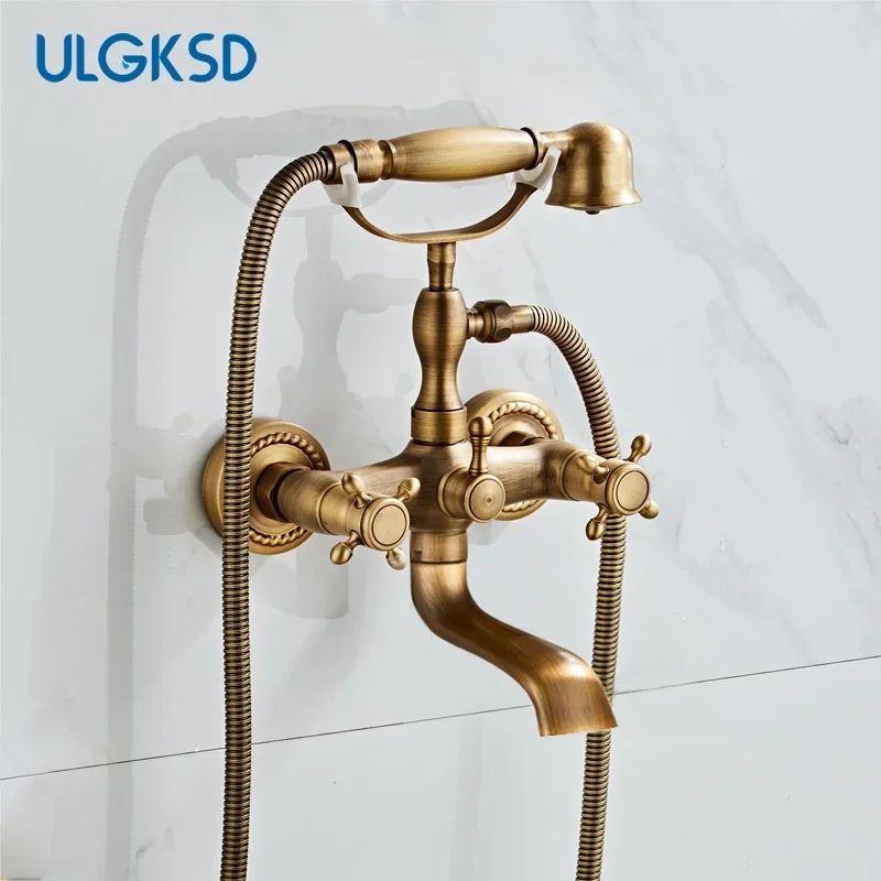 

ULGKSD Bathtub Shower Faucet Gold/ Antique/Bronze Brass Handshower Wall Mount Dual Handles Mixer Tap For Bathroom Tub Shower