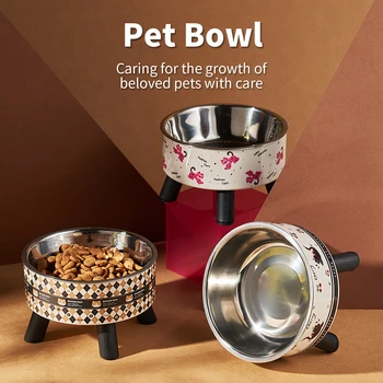 A fashion printed stainless steel pet bowl for feeding and water, high-legged cat bowl with neck protection, cartoon feeding dog