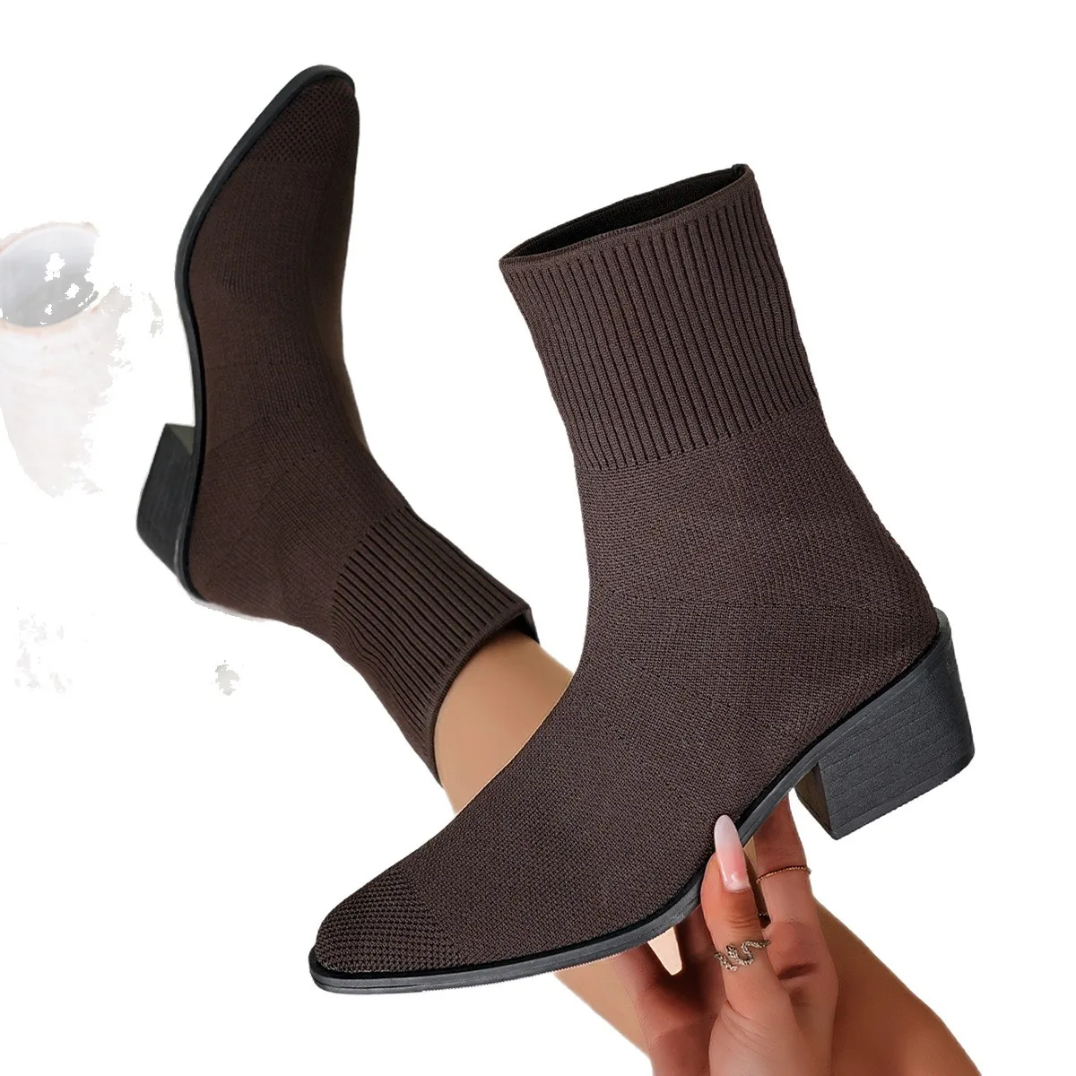 Sexy Pointed Toe Thick High Heel Sock Boots Women 2025 Winter Colorful Elastic Knitted Designer Ankle Boots Woman Short Booties