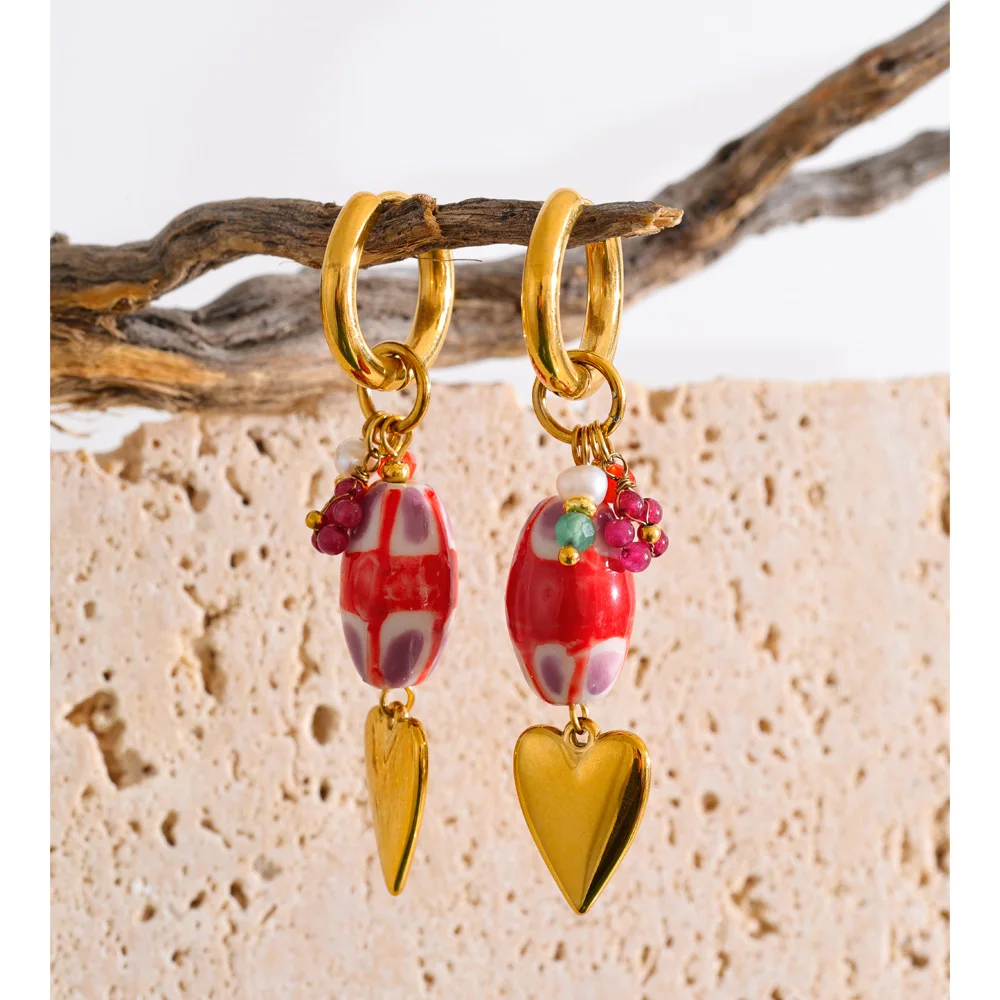 Yhpup Earrings Stainless Steel Red Ceramic Heart Drop Hoop