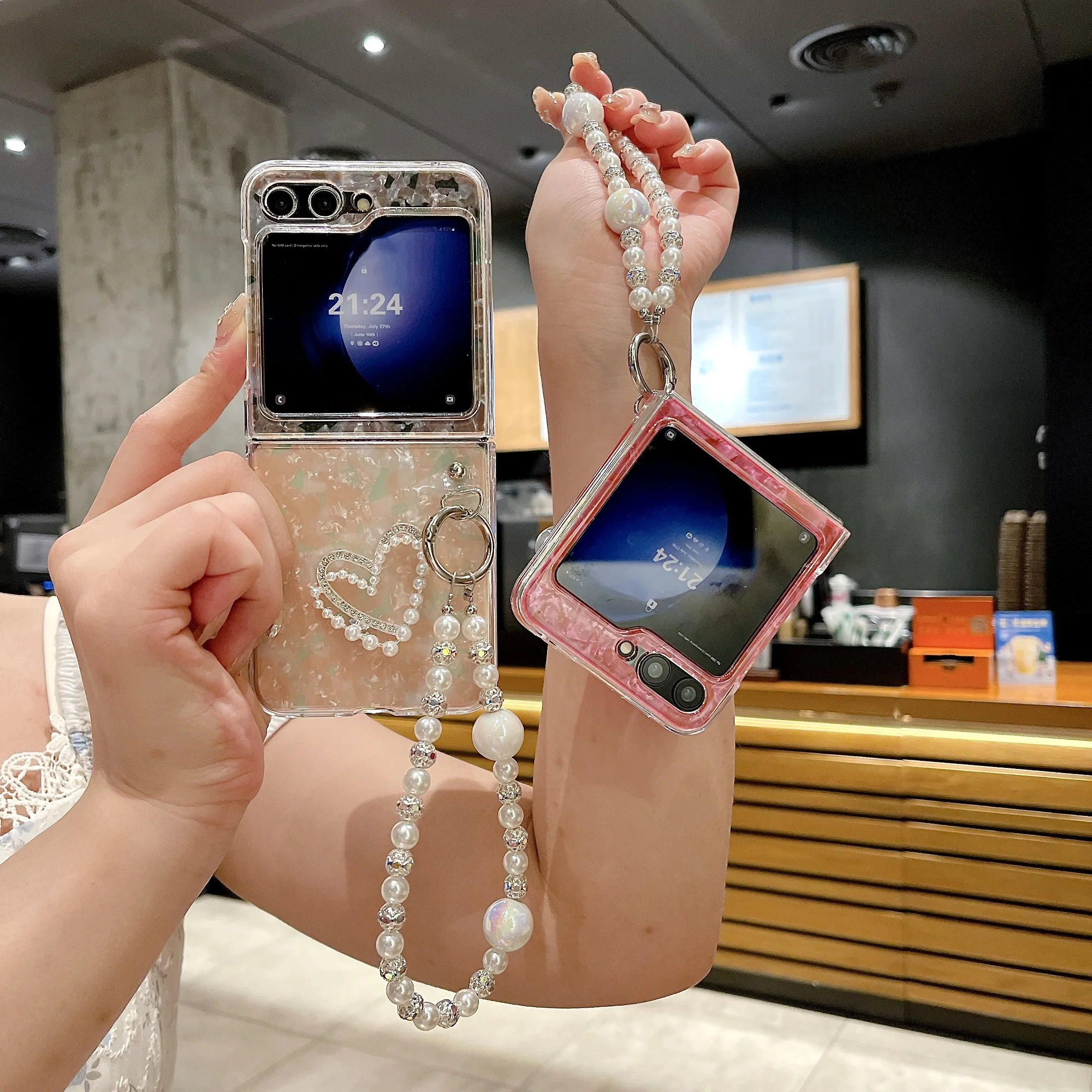 Für Samsung Galaxy Z Flip 3 4 5 6 Mode Shell Herz Perle Kette Telefon Fall Abdeckung_voghion.com