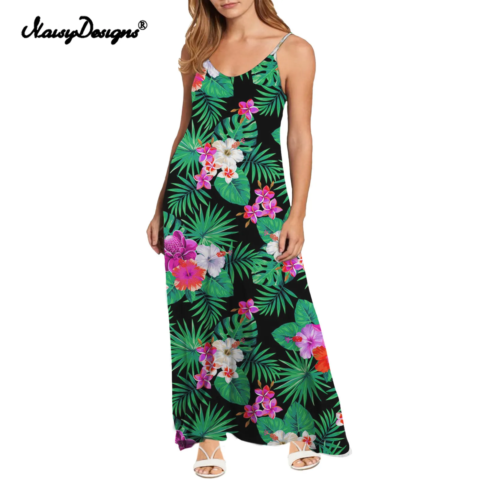 

Noisydesigns Summer V-Neck Dress Ankle-Length A-Line Loose Dress Sleeveless Women Hawaiian Tropical Flower Prints Ladies Dresses