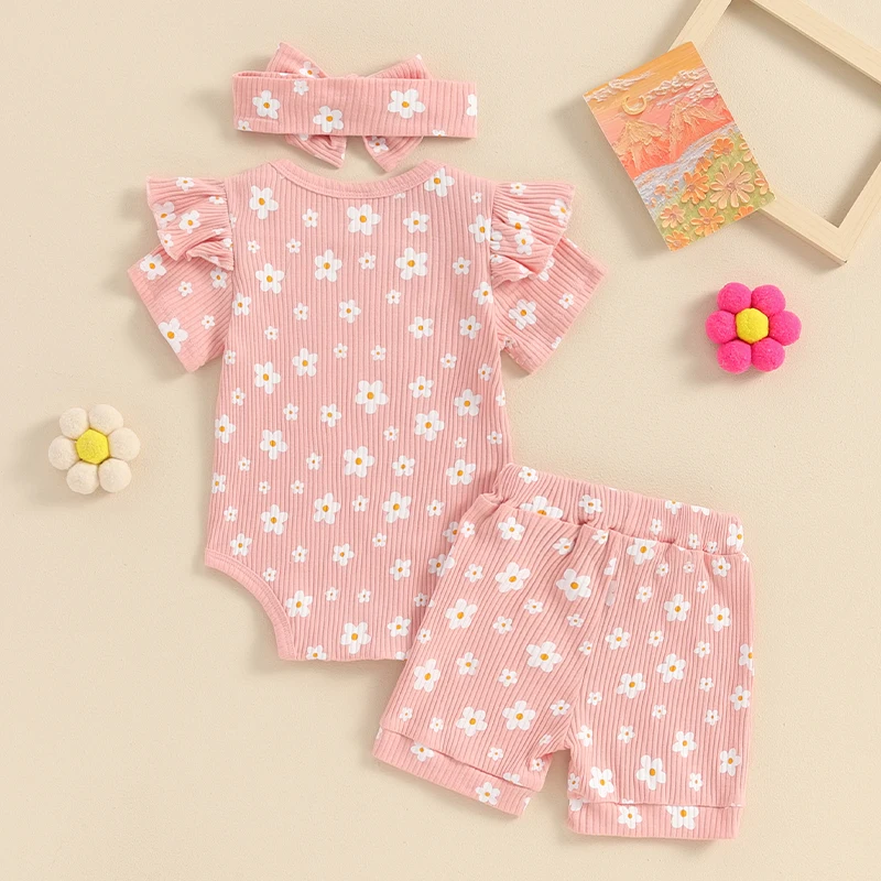 

Newborn Baby Clothes for Girls Summer Outfit Flower Printed Short Sleeve Romper Shorts Headband Sets 0-18 Months