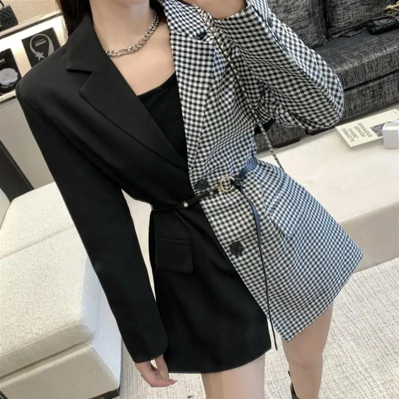 2023 Autumn Women Fashion Blazers Unique Patchwork Houndstooth Loose Suits Jacket Korean Lady Graceful Coats with Waistbelt