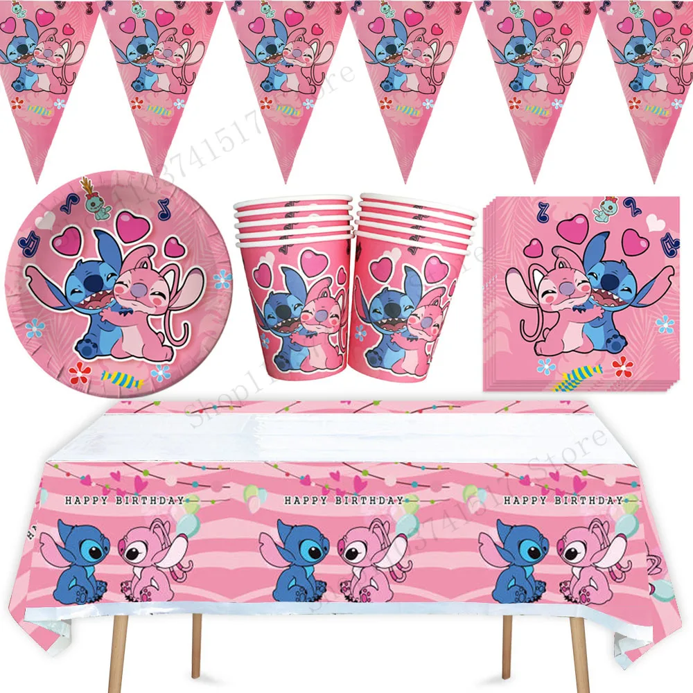 Disney Pink Stitch Angel Children Happy Birthday Party Decoration Tableware Plate Cup Napkin Balloon Straw Cake Topper Supplies