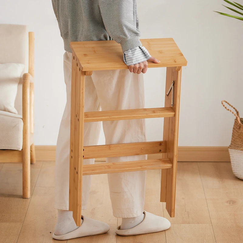 Household Solid Wood Folding Ladder Folding Chair Thickened Climbing Wooden Step Stool (Natural Wood Color)