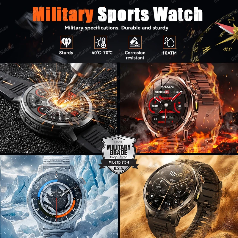 2026 New Military Ultra 1000mAh Battery Smart Watch 1.85 "HD Large Screen IP69K Waterproof LED Flashlight Sports Smartwatch Men 3