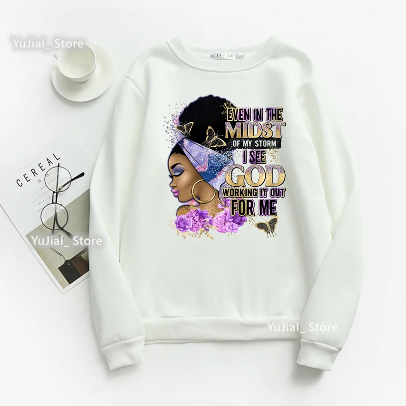 Watercolor Even In The Midst Of My Storm I See God Working It Out For Me Graphic Print Hoodie Women Black Girl Magic Sweatshirt