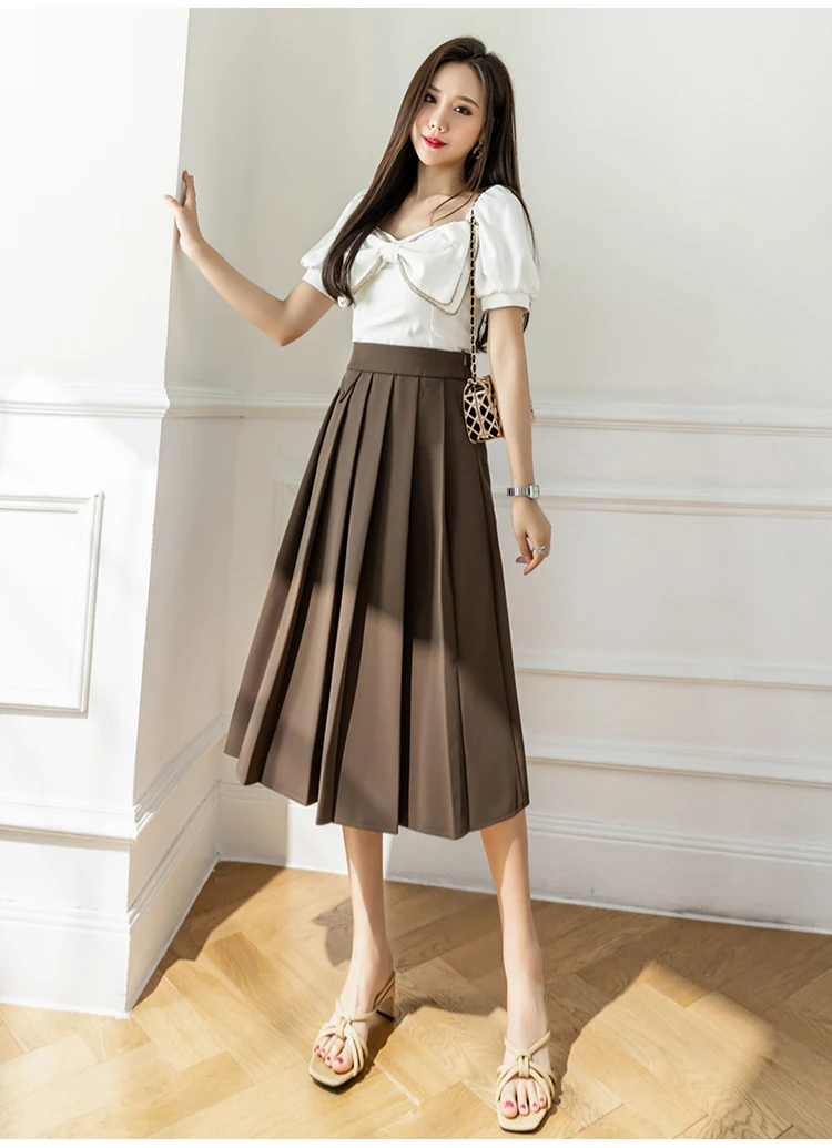 2022 Spring Summer Women's Elegant Pleated Suit Skirts High Waist Fashion Office Ladies Elastic Waist A-line Midi Skirt Vintage brown skirt