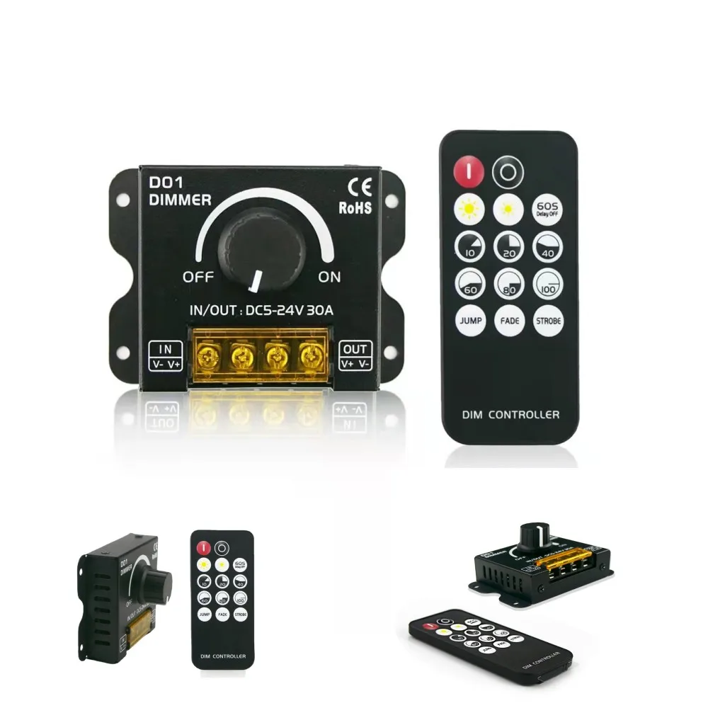 DC5-24V 30A LED Strip Light Knob Switch Dimmer with Wireless RF Controller for Single Color / CCT Tape Lights Stepless Dimming