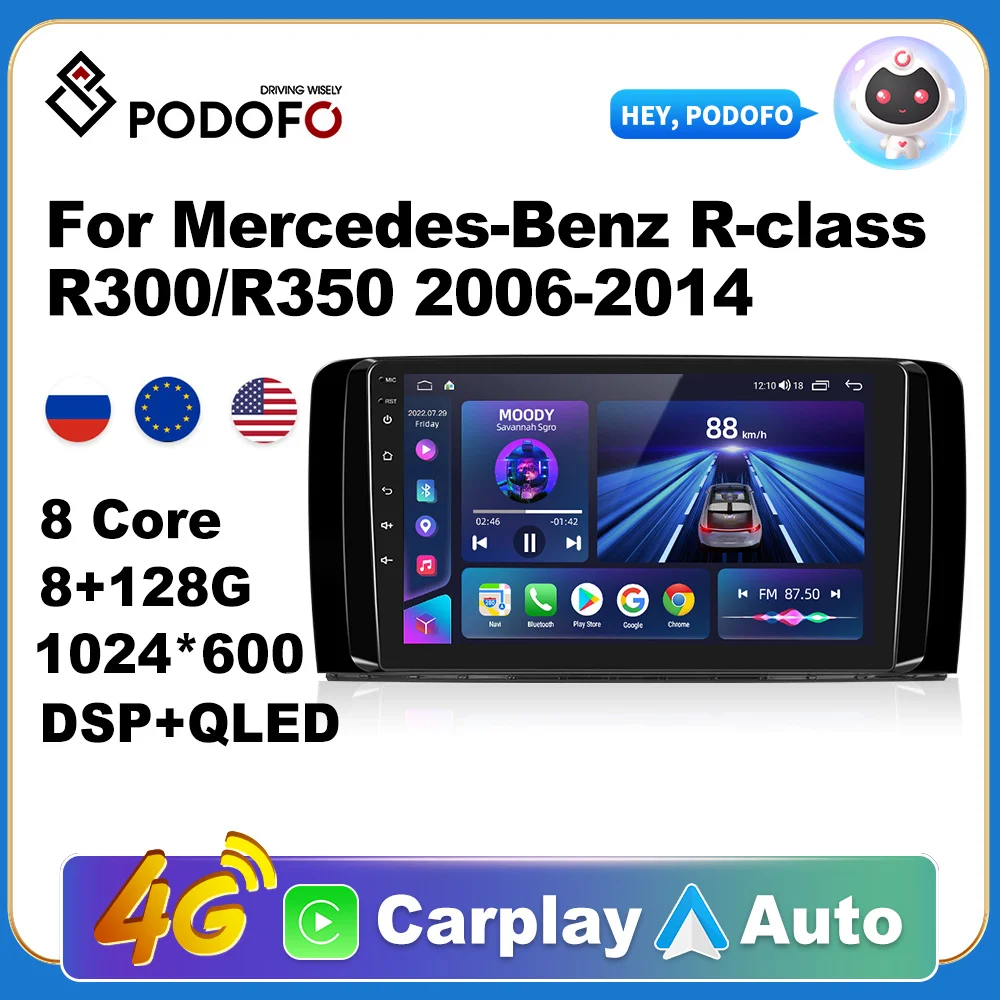 

Podofo AI Voice Carplay Car Radio For Mercedes-Benz R-class R300/R350 Android Auto 4G Multimedia GPS 2din Autoradio DSP