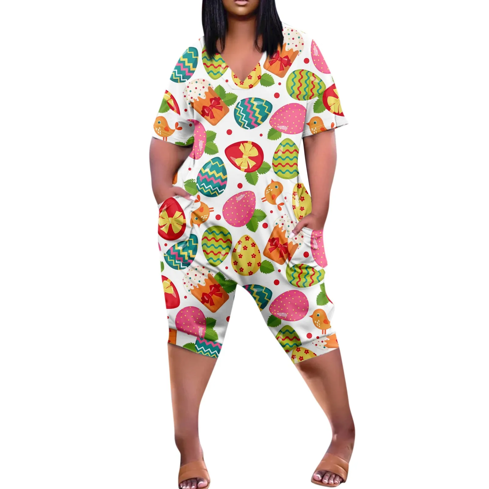 

Женский Повседневный Блестящий комбинезон с коротким рукавом и V-образным вырезом, с карманами, Официальный магазин