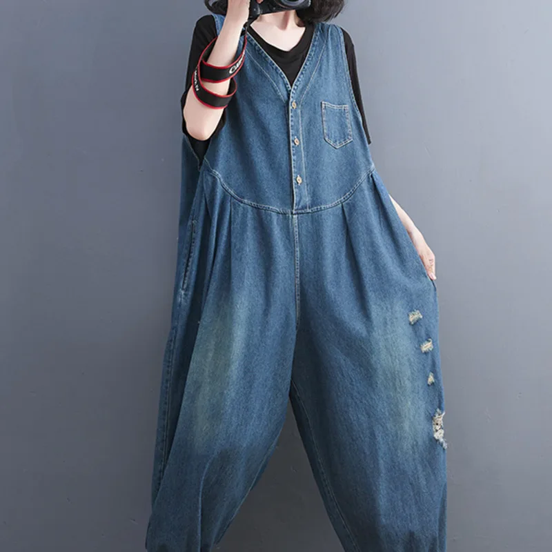 #2342 Spring Summer Long Jumpsuits Women Sleeveless Loose Wide Leg Jumpsuits Female Sleeveless Jumpsuits Rompers V-neck Buttons