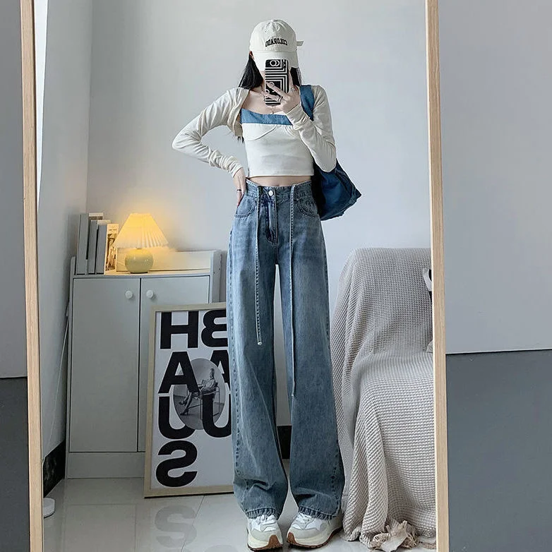 2023 Spring Women's Wide Leg Jeans High Waist Baggy Straight Cotton Denim  Pants Light Blue Korean Street Girl Fashion Clothing - AliExpress