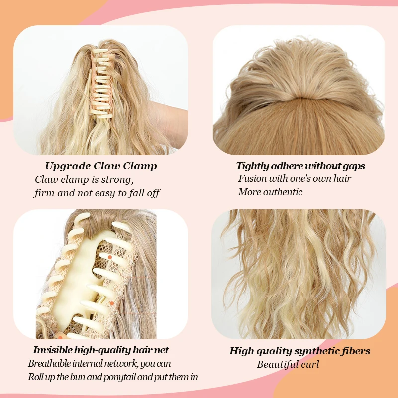 LUPU Ponytail Extension 14 inch Claw Clip Ponytail Extension Wavy Curled Claw Clip Ponytail, Women's Fake Ponytail Synthetic Wig
