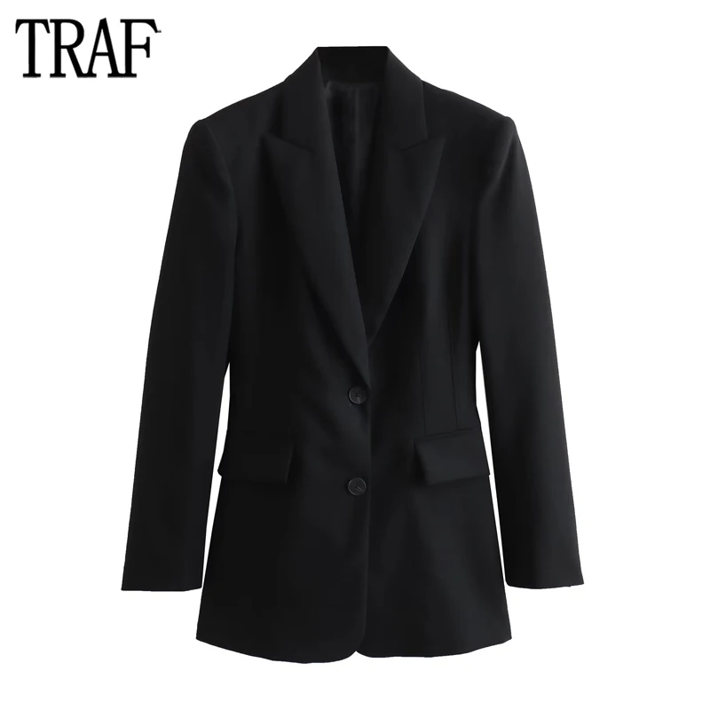 

TRAF 2023 Office Blazers for Women Black Straight Blazer Woman Autumn Seams Basic Jacket Women Long Sleeve Button Women's Blazer