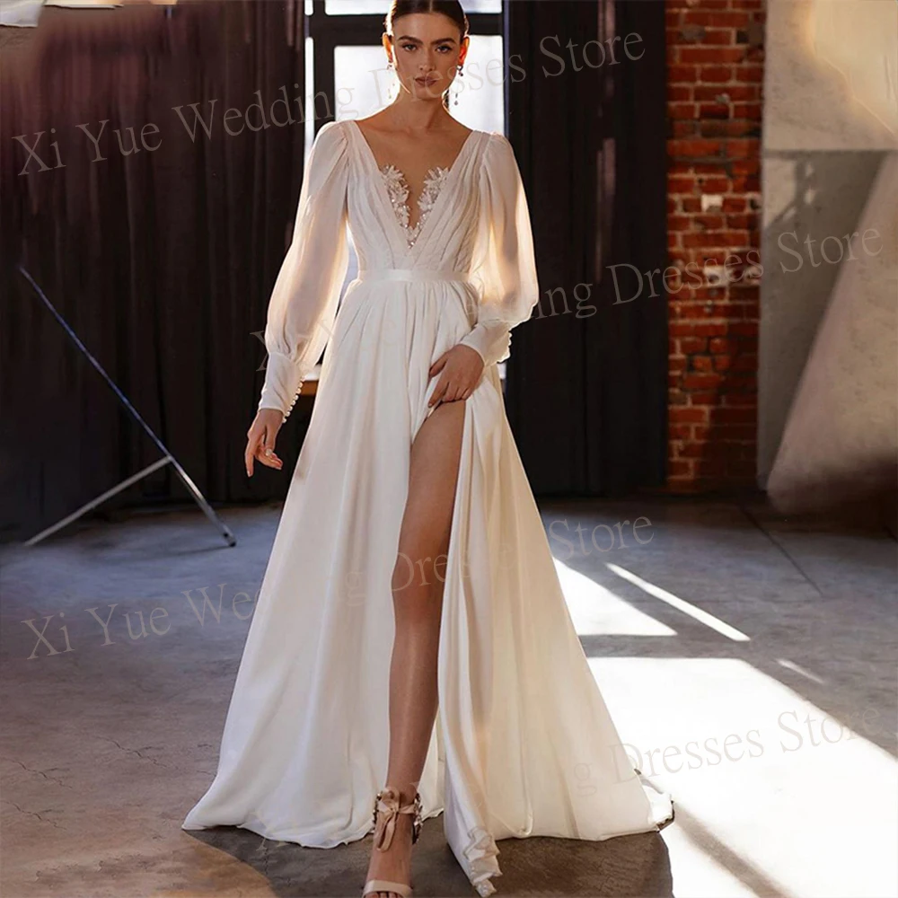 Simple Modern A Line V-Neck Wedding Dresses Long Puff Sleeves New Sexy Side Slit Bridal Gowns Backless Chiffon Vestidos De Novia simple a line slit long sleeves wedding dress white floor length sheer v neck backless bridal gowns with sashes custom made