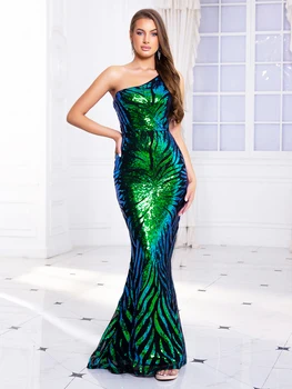 One Shoulder Sleeveless Stretchy Sequined Maxi Dress Evening Prom Night Gown Spring Summer Navy Green