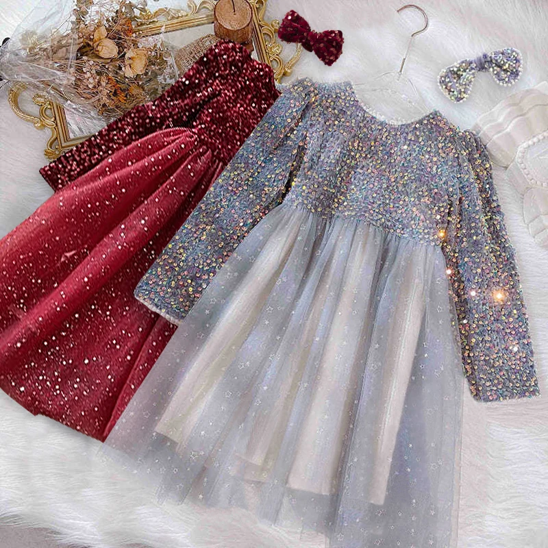 

Girls Casual Dresses Autumn Dress New Spring Princess Childrens Clothing Autumn Mesh Yarn Sequin Winter 2023 Sweet