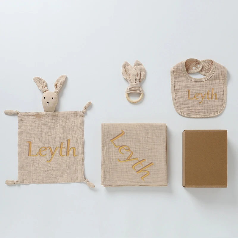 4pcs/Set Personalized Name Muslin Cotton Baby Blanket + Baby Comforter Towels +Baby Teether +Baby Bibs Newborn Gift Sets 3