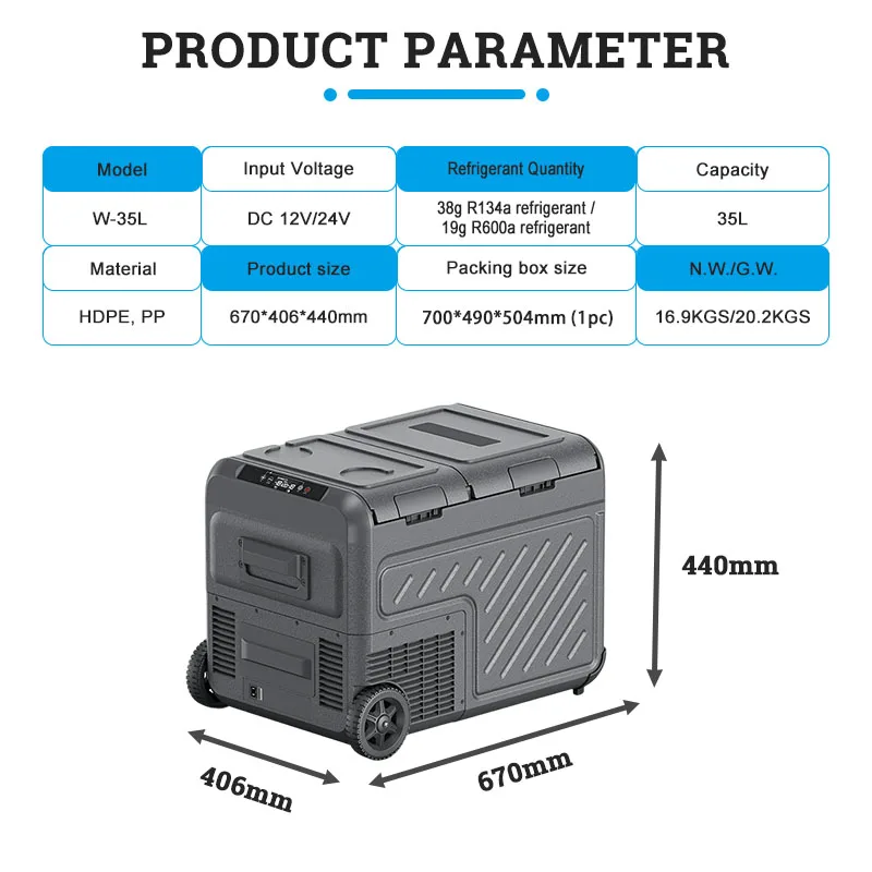 35L 휠형 듀얼존 휴대용 차량 냉장고 냉동고 12V 24V 자동차 냉장고 LED 디스플레이 포함 캠핑 여행용