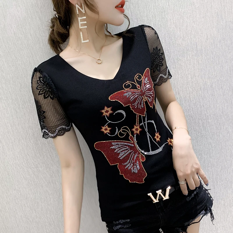 여성용 메쉬 티셔츠, 섹시한 V넥, 반짝이는 다이아몬드, 반팔, 패션 상의, 여름 신상, 유럽 의류