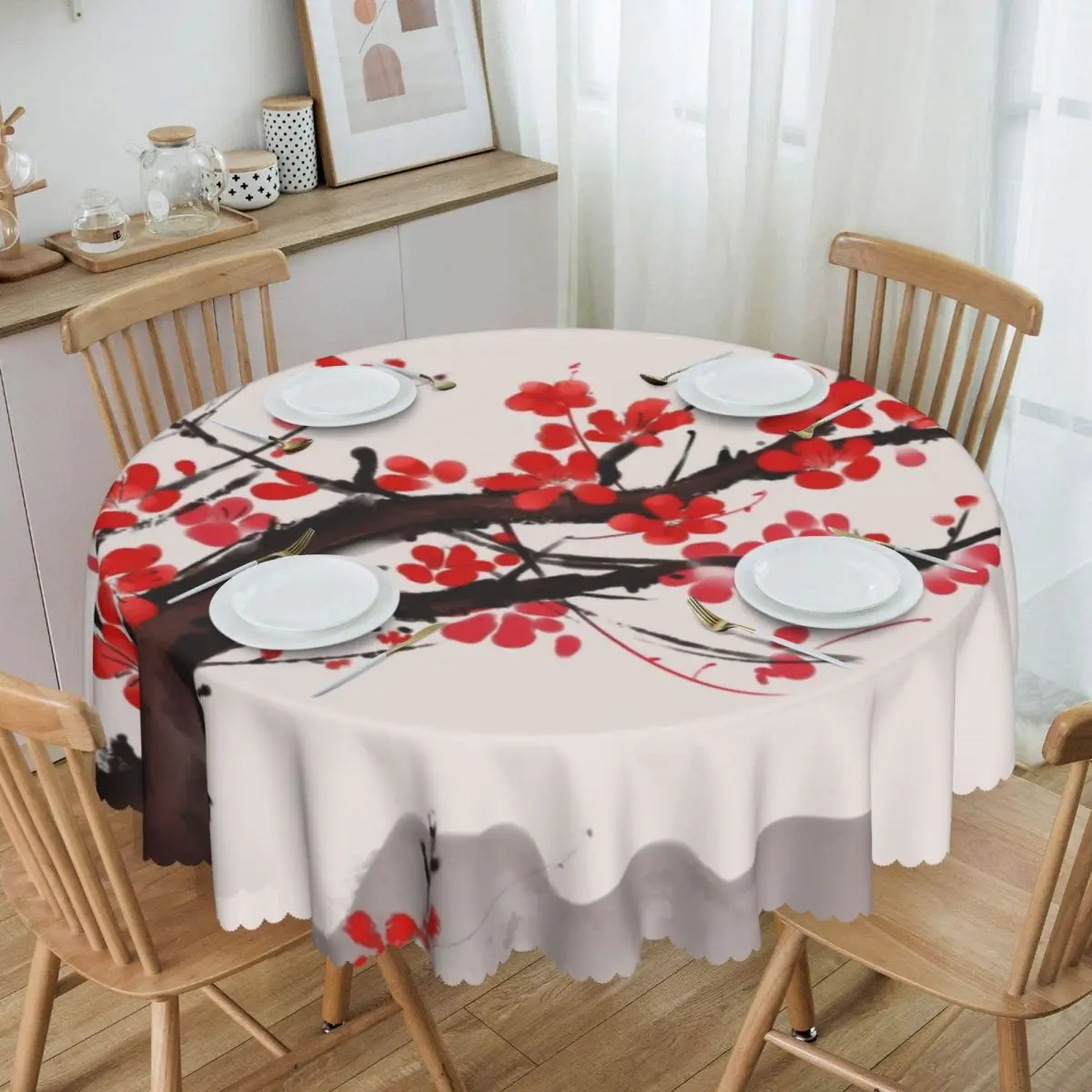 

Round Cherry Blossom Japanese Style Tablecloth Waterproof Oil-Proof Table Covers 60 inches Sakura Floral Flowers Table Cloth