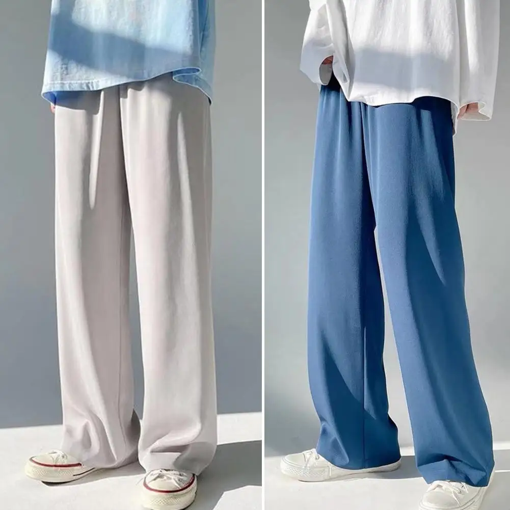 

Summer Men Pants Solid Color Elastic Waist Anti-wrinkle Draping Wide Leg Trousers Streetwear Korean Version Loose Ice Silk Pants