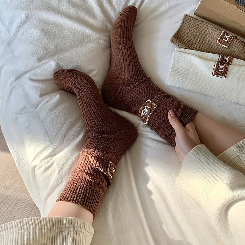 3 Pairs Wool Cashmere Socks Women Solid Thick Pile Socks Embroidered Logo Mid-Calf Casual Snow Boot women socks
