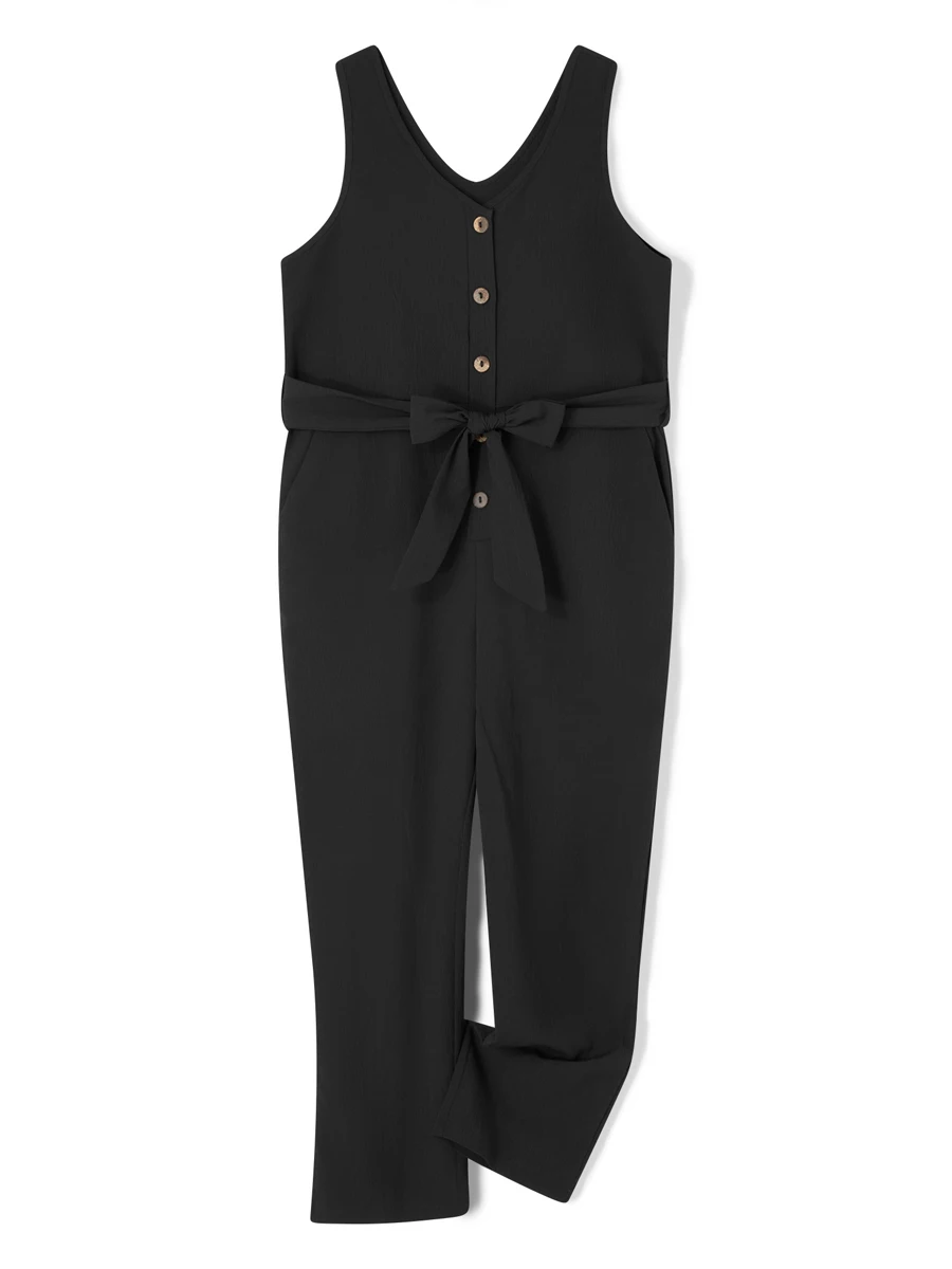 Women s Sleeveless V Neck Buttons Waist Belt Straight Wide Leg Cropped Jumpsuits Rompers With Pockets