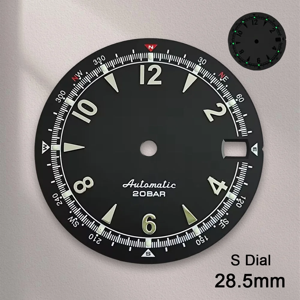 새로운 Nh35 다이얼 S 로고 28.5mm 레트로 시계 다이얼 녹색 야광 NH35 무브먼트용 시계 부품 수리 도구