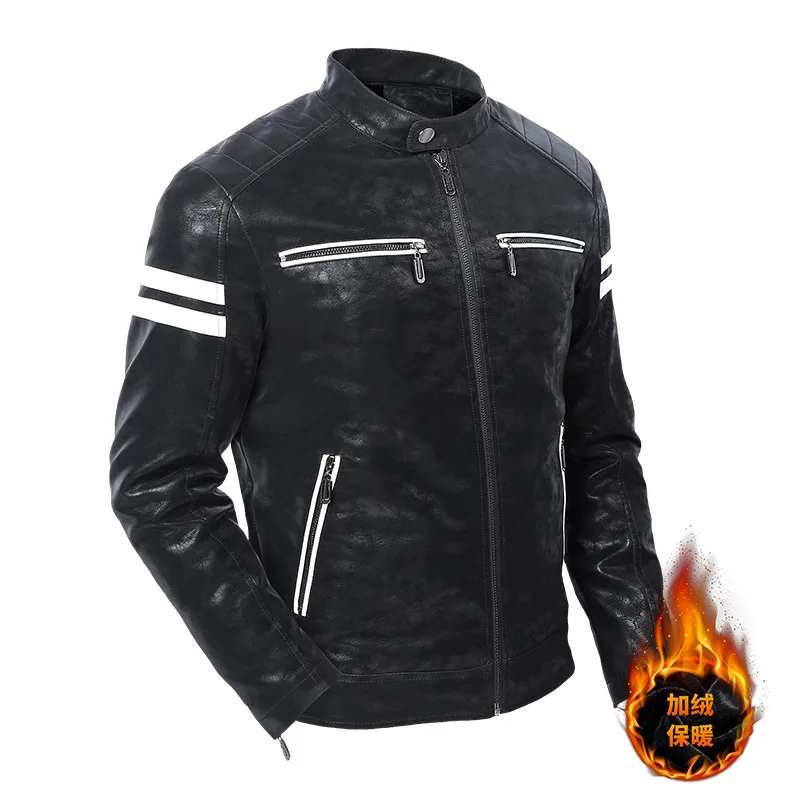 

Leather Men's Motorcycle Wear Striped Contrasting Autumn And Winter Style Plush And Thick Fashionable Versatile Leather Jacket