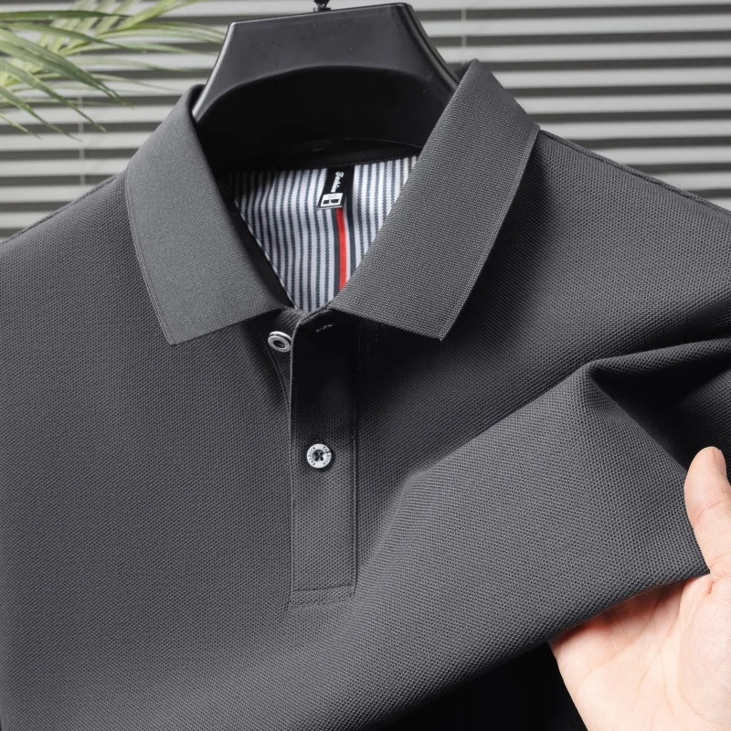 100% pure cotton short sleeved men's polo shirt summer boutique fashion high-quality top solid color collar back striped T-shirt 30 Sea5c8456dd96434fa49a77fb3e13dd8dg