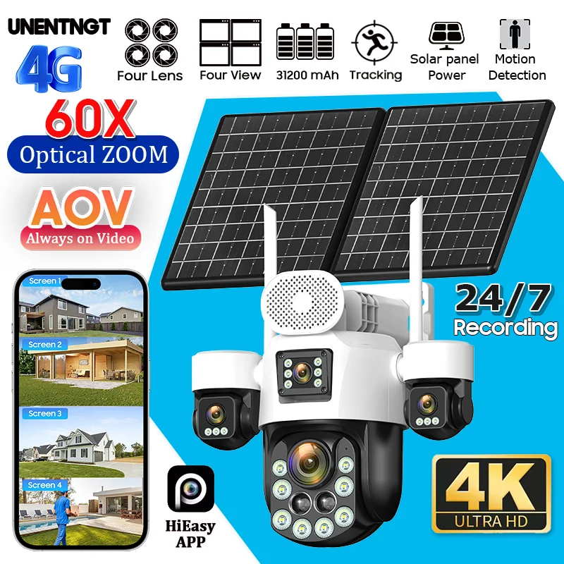 60X Optical Zoom AOV 4G Home Outdoor Surveillance Solar Cameras 20MP 24/7 Record 4 Screen Auto Tracking Security Cam 31200 MAh 1