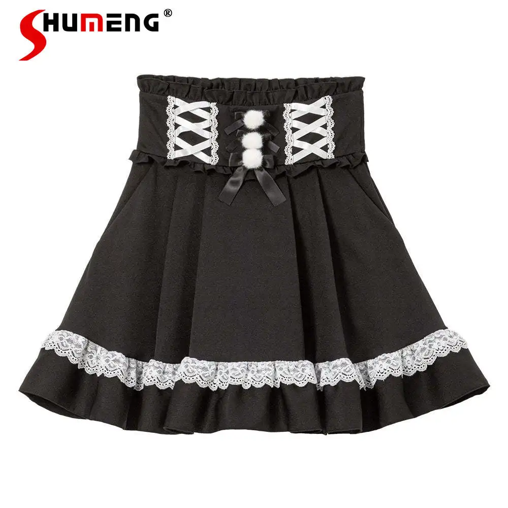 Japanese Style Lolita Cute Women's Short Skirt 2024 New Sweet Lace Splicing High Waist A- Line Lace Up Mini Skirts for Women