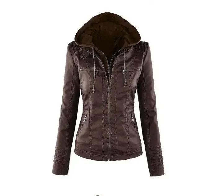 Long Sleeve Solid Color Zipper Hooded Leather Jacket Women's Detachable Crew Neck women leather jacket
