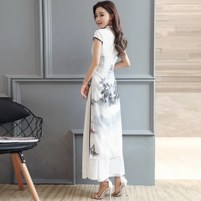 1pcs/lot Summer Elegant Slim Women Painting Cheongsam White Dress Qipao Chiffon Vintage Chinese Style Dress
