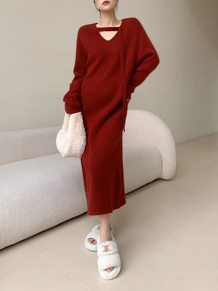 

2024 Spring Autumn Women Knitted Shift Dress Soft Glutinous V-neck Long Sleeve Woolen Dresses Oversize Korean baggey Solid frock