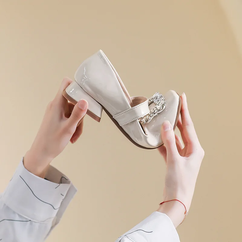 Woman Shoes Luxury Mary Janes Crystal Square Buckle Pumps Ladies Women Evening Party Zapatos De Mujer High Quality Ladies Shoes