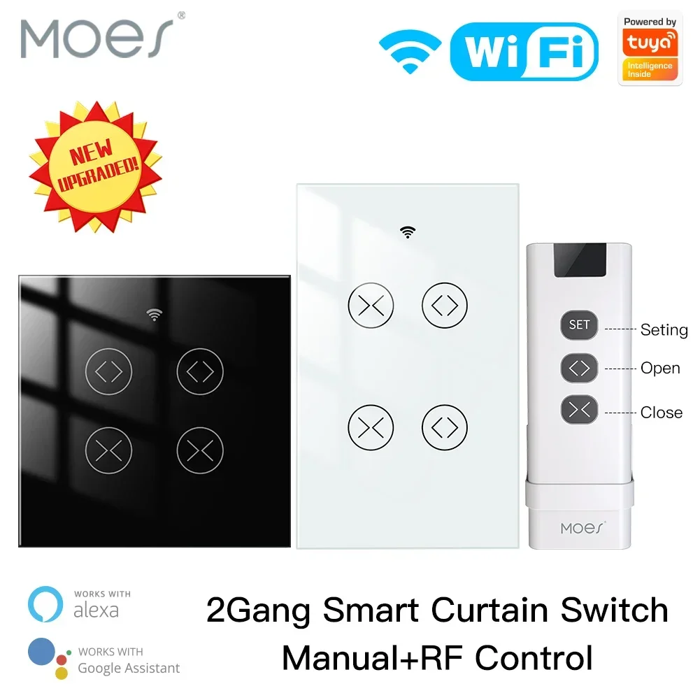 

Moes Tuya Smart Life WiFi RF 2 Gang Double Curtain Blind Switch for Roller Shutter Electric Motor With Google Home Alexa