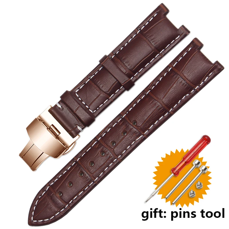 Genuine Leather Watchband with Stainless Steel Butterfly Buckle, Notched Strap Design