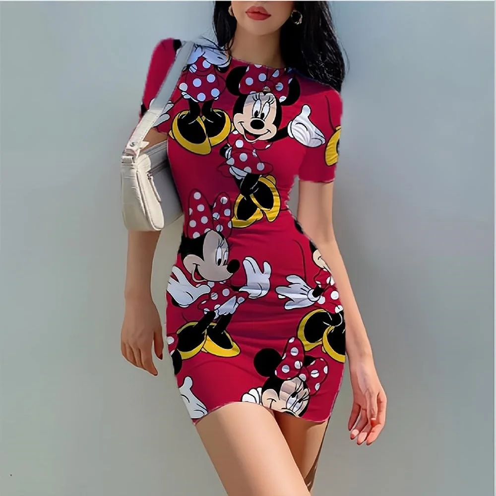 

Summer Dresses Women's Robe Women's Short Sleeve Stretch Y2K Dress Disney Mickey Mouse Print Women's Mini Dress Vestido